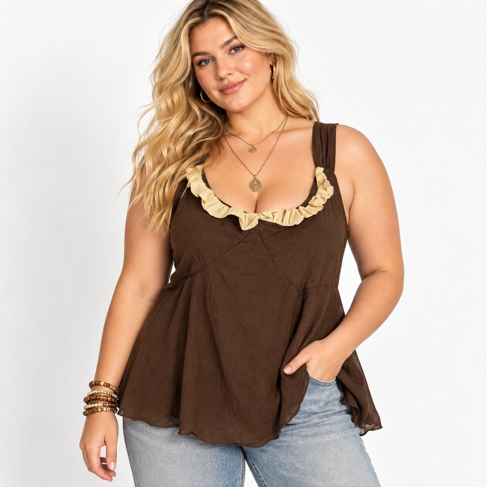 New York City Design Co Tank Top Womens Ruffle Trim Sleeveless Boho Brown 3X